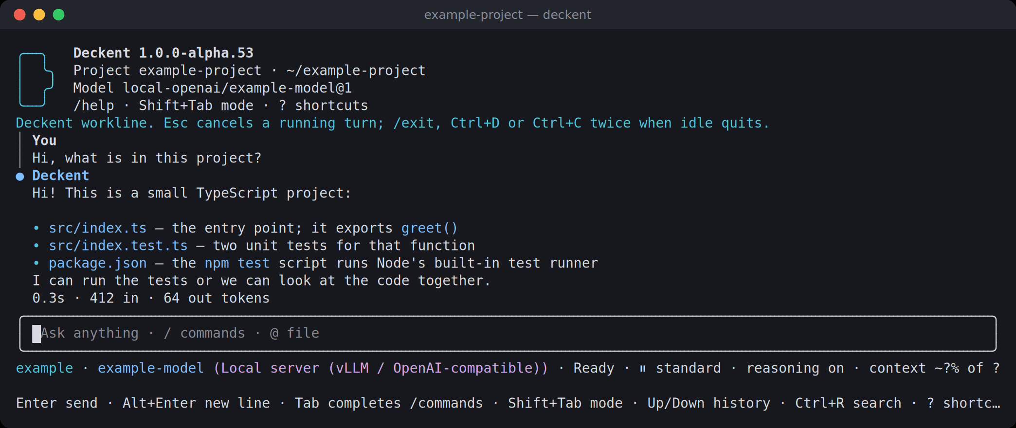 A conversation turn in the Deckent terminal: the user asks what is in the project and Deckent summarises the project files.
