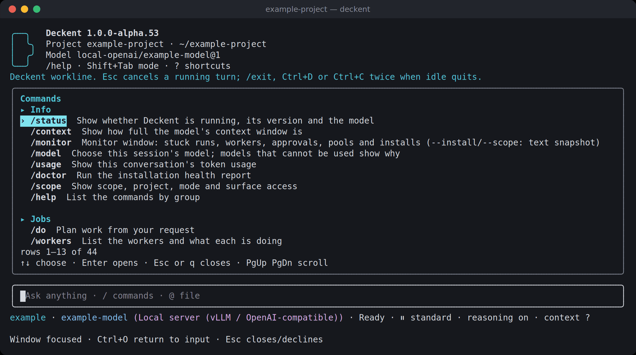 Output of the /help command in the Deckent terminal: a command list arranged in groups.