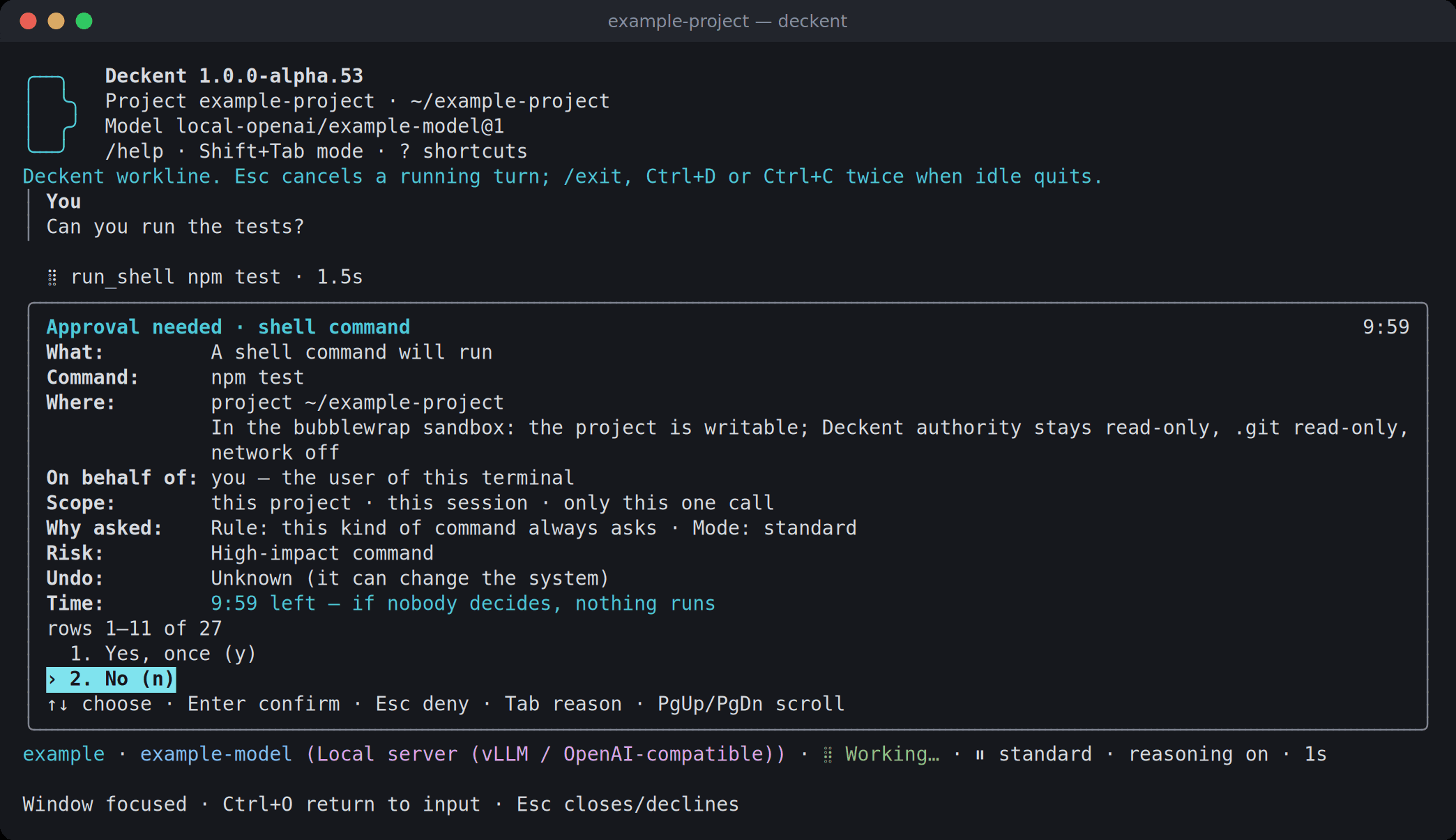 The approval window the Deckent terminal opens for a shell command.